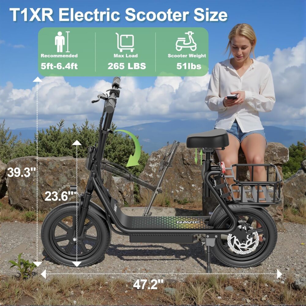 NAVIC T1XR Electric Scooter for Adults – 500W Motor, 22 MPH Top Speed, 21-27 Mile Range, 14" Pneumatic Tires, Foldable with Back Basket & App Control - Image 7