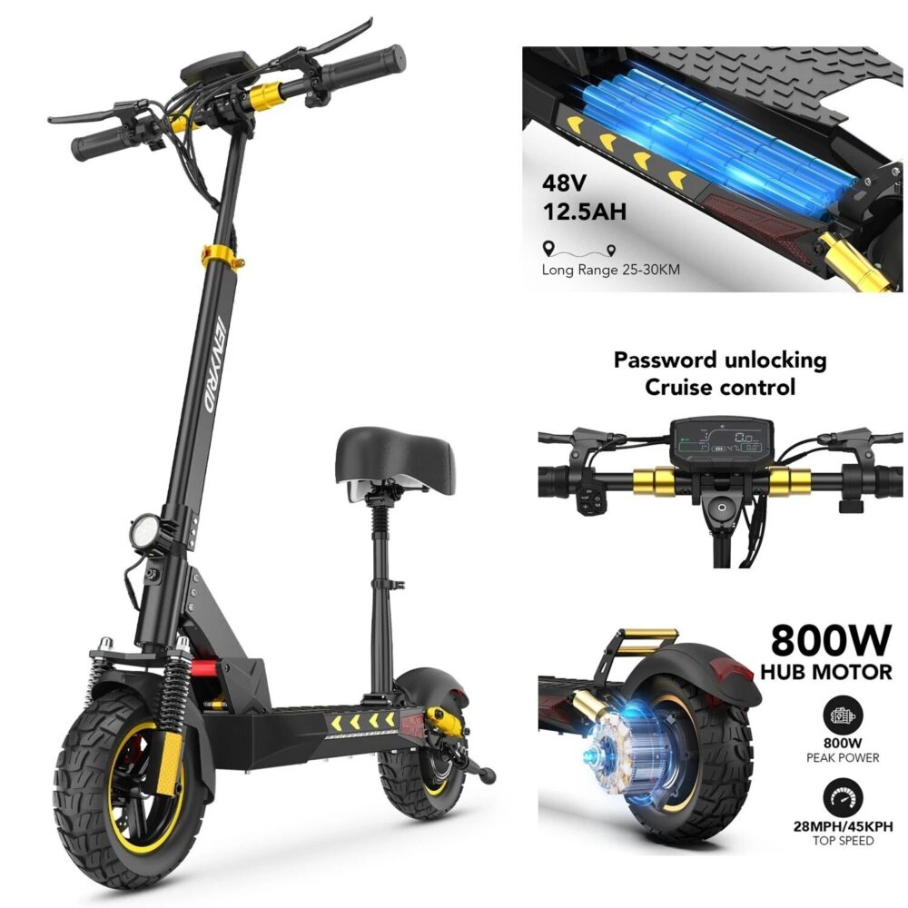 iENYRIID 800W Turbo Folding E-Scooter w/ Seat 30-Mile Range • LCD Display • Dual Disc Brakes • 3-Speed Modes - Image 4